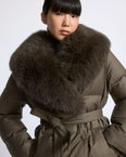 Long double-breasted down jacket in fabric with detachable fox fur collar