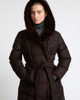 Long hooded double-breasted down jacket in Loro Piana fabric with mink fur