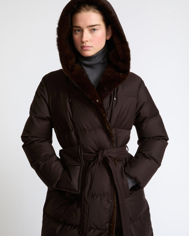 Long hooded double-breasted down jacket in Loro Piana fabric with mink fur - Yves Salomon - New Fall Winter Collection