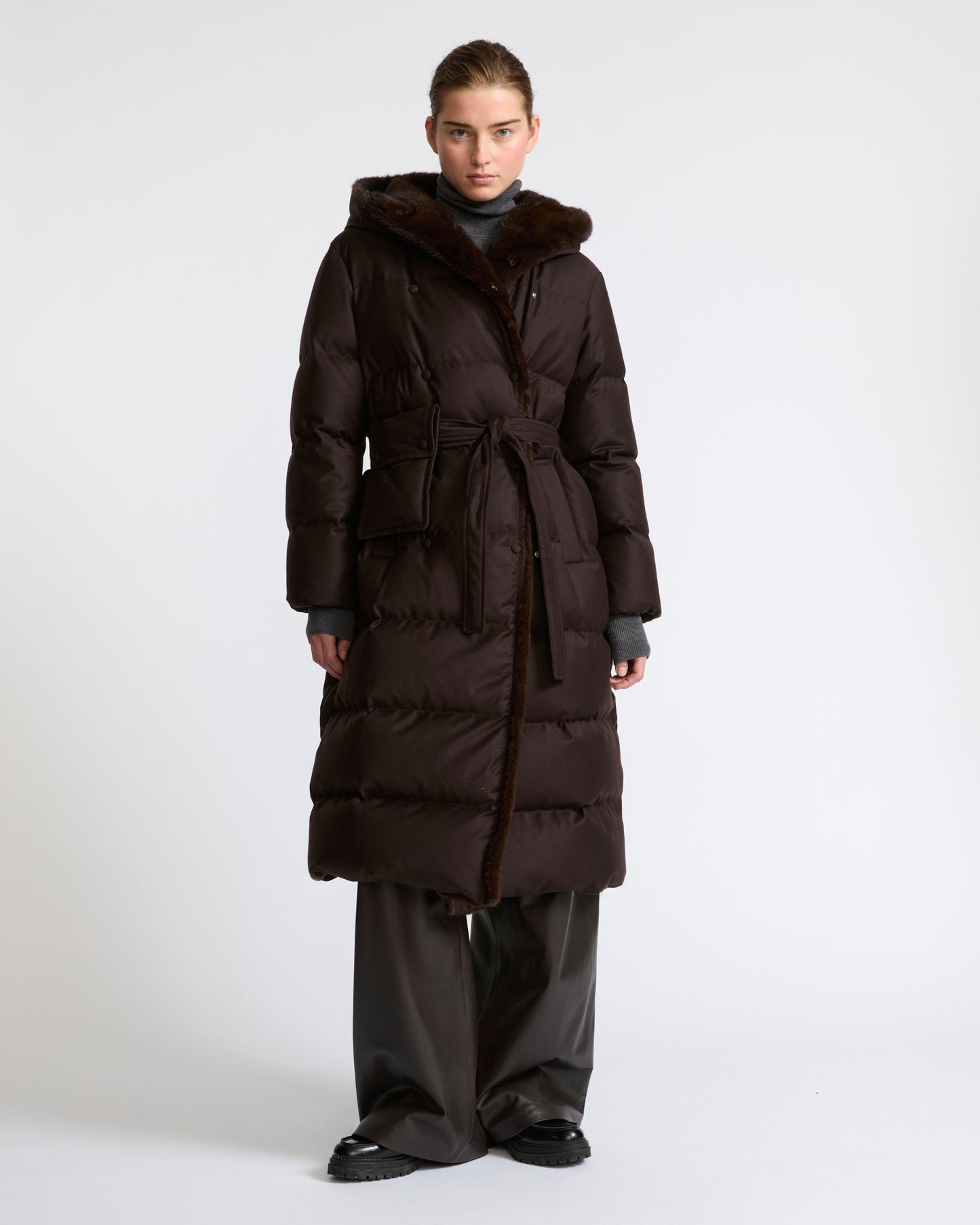 Long hooded double-breasted down jacket in Loro Piana fabric with mink fur - Yves Salomon - New Fall Winter Collection