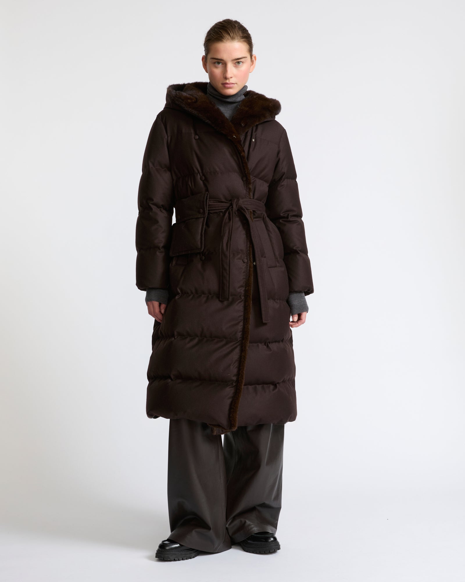 Long hooded double-breasted down jacket in Loro Piana fabric with mink fur - Yves Salomon - New Fall Winter Collection