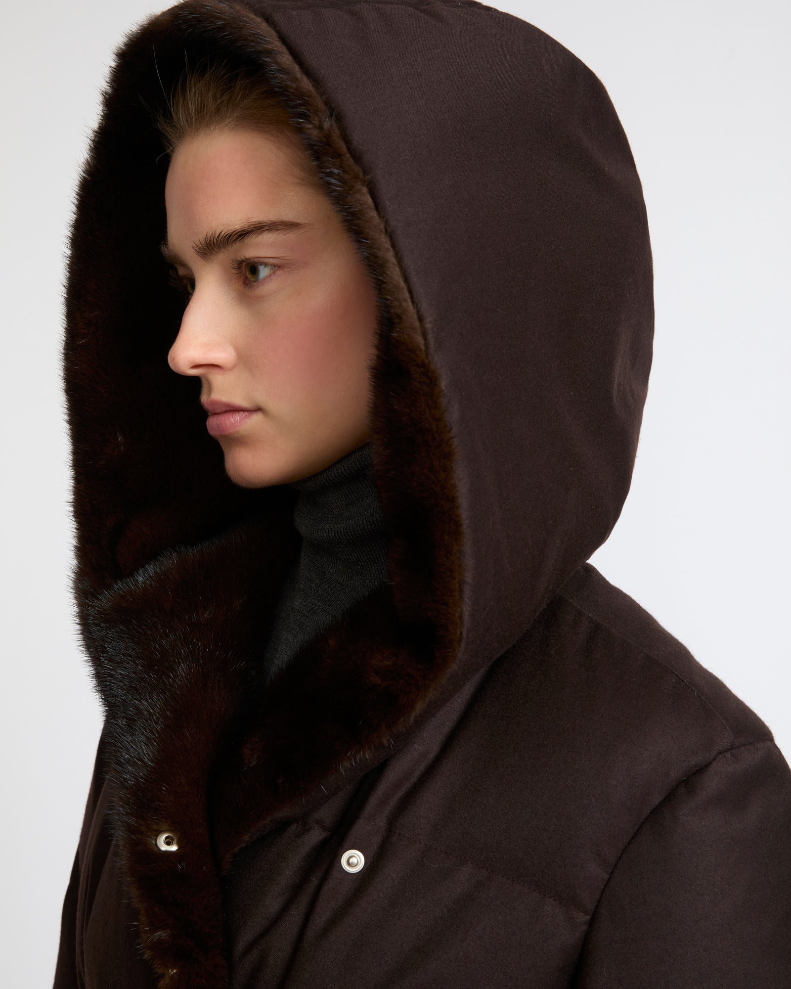 Long hooded double-breasted down jacket in Loro Piana fabric with mink fur - Yves Salomon - New Fall Winter Collection