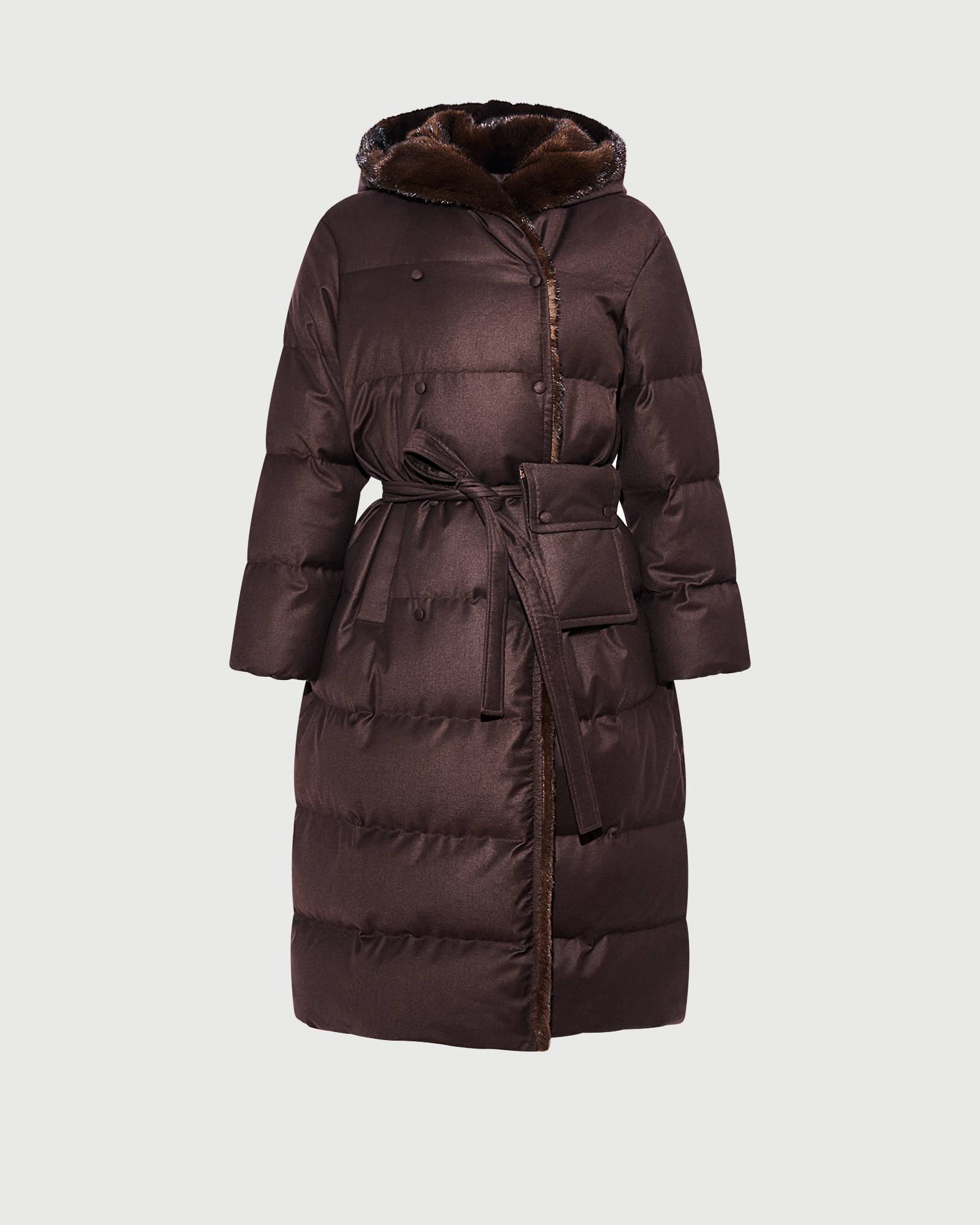 Long hooded double-breasted down jacket in Loro Piana fabric with mink fur - Yves Salomon - New Fall Winter Collection