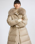 Long straight down jacket in Loro Piana fabric with detachable fox fur collar