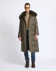 Long straight down jacket in fabric with detachable fox fur collar