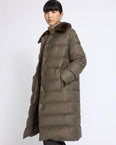 Long down jacket in fabric with detachable mink fur collar