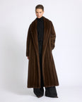 Belted maxi coat in long-haired straightened mink fur
