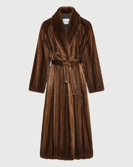 Belted maxi coat in long-haired straightened mink fur