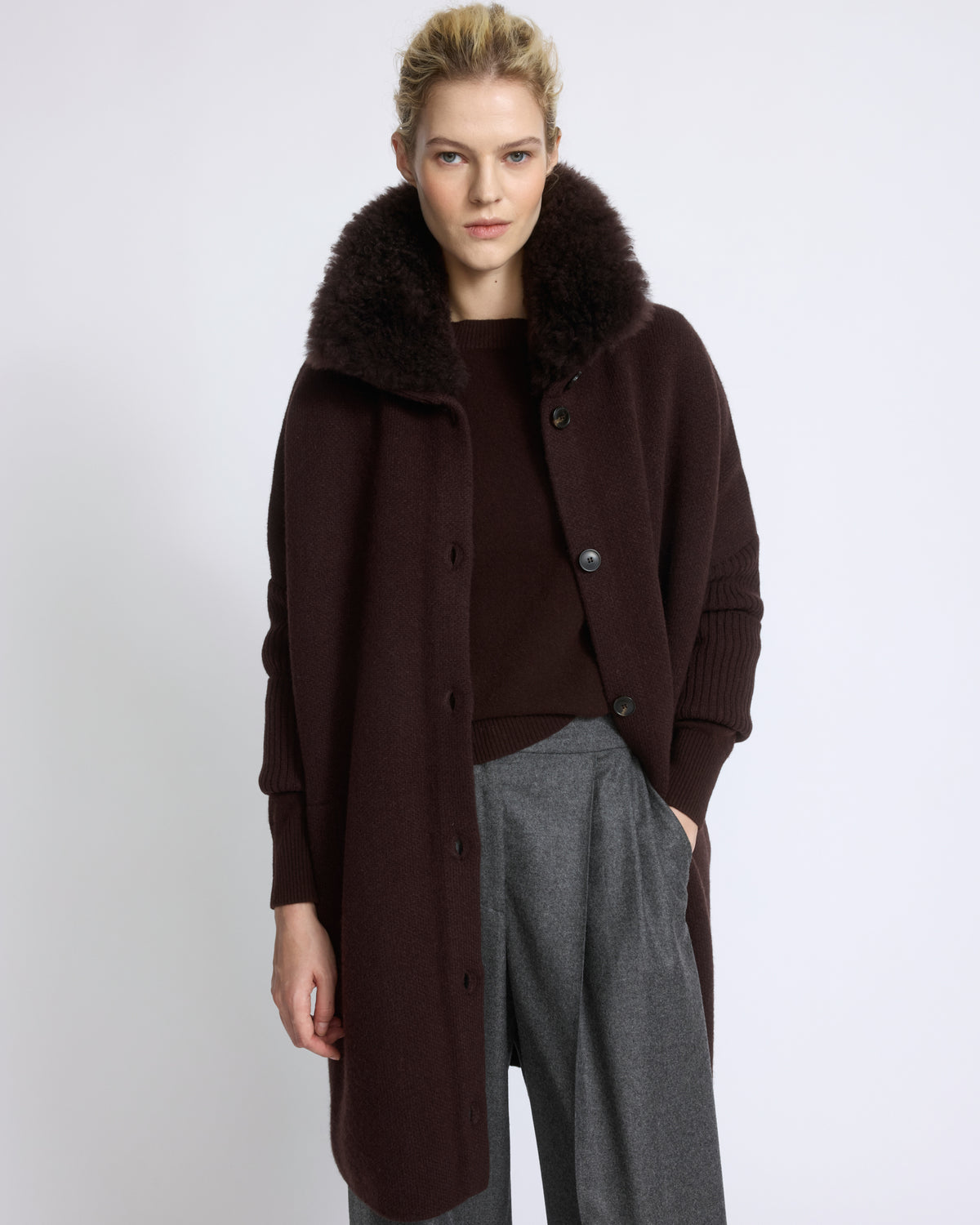 Merino knit coat with cashmere lambskin collar - Yves Salomon - New Fall/Winter Collection