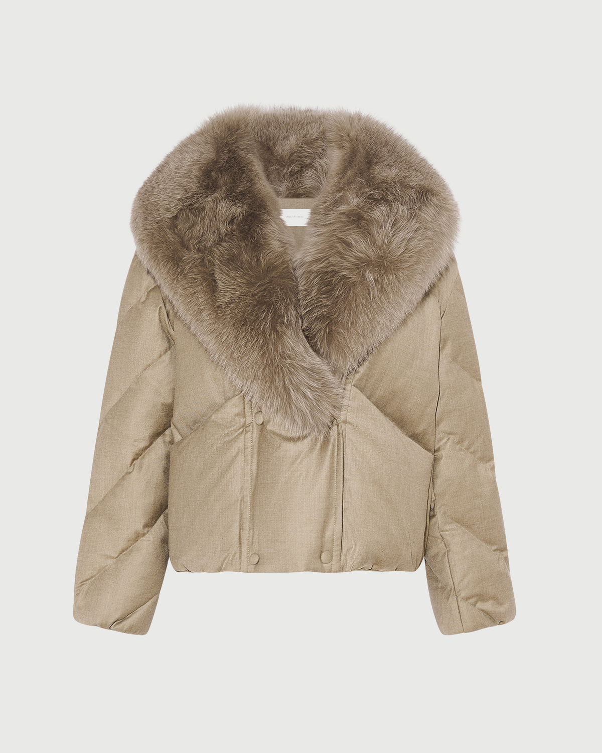 Short double breasted down jacket in technical Loro Piana flannel with detachable fox fur collar - Yves Salomon - New Fall Winter Collection