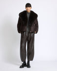 Short double breasted down jacket in technical flannel with detachable fox fur collar