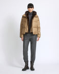 Short down jacket in flannel with detachable mink fur bib