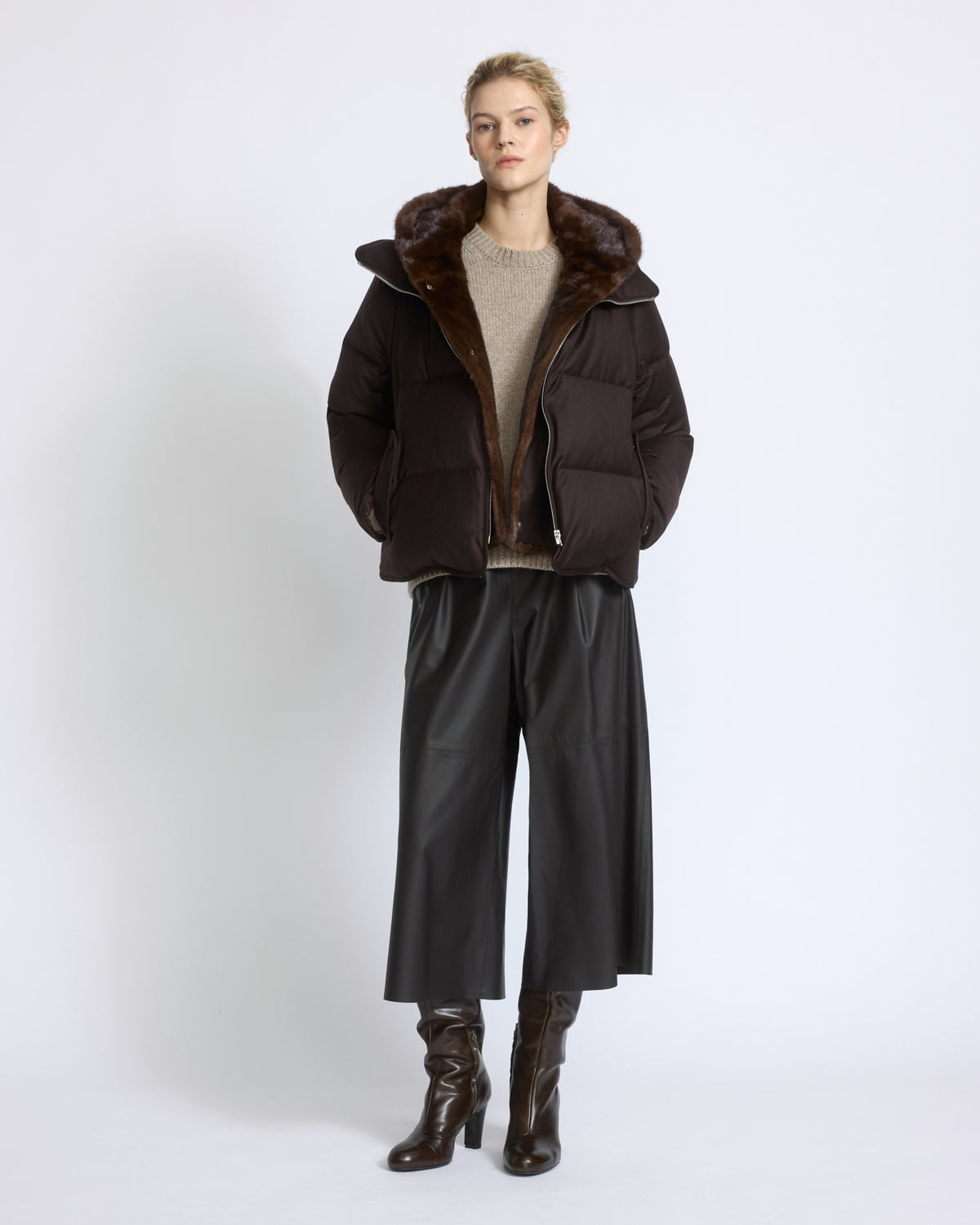 Short down jacket in Loro Piana flannel with detachable mink fur bib - Yves Salomon - New Fall/Winter Collection