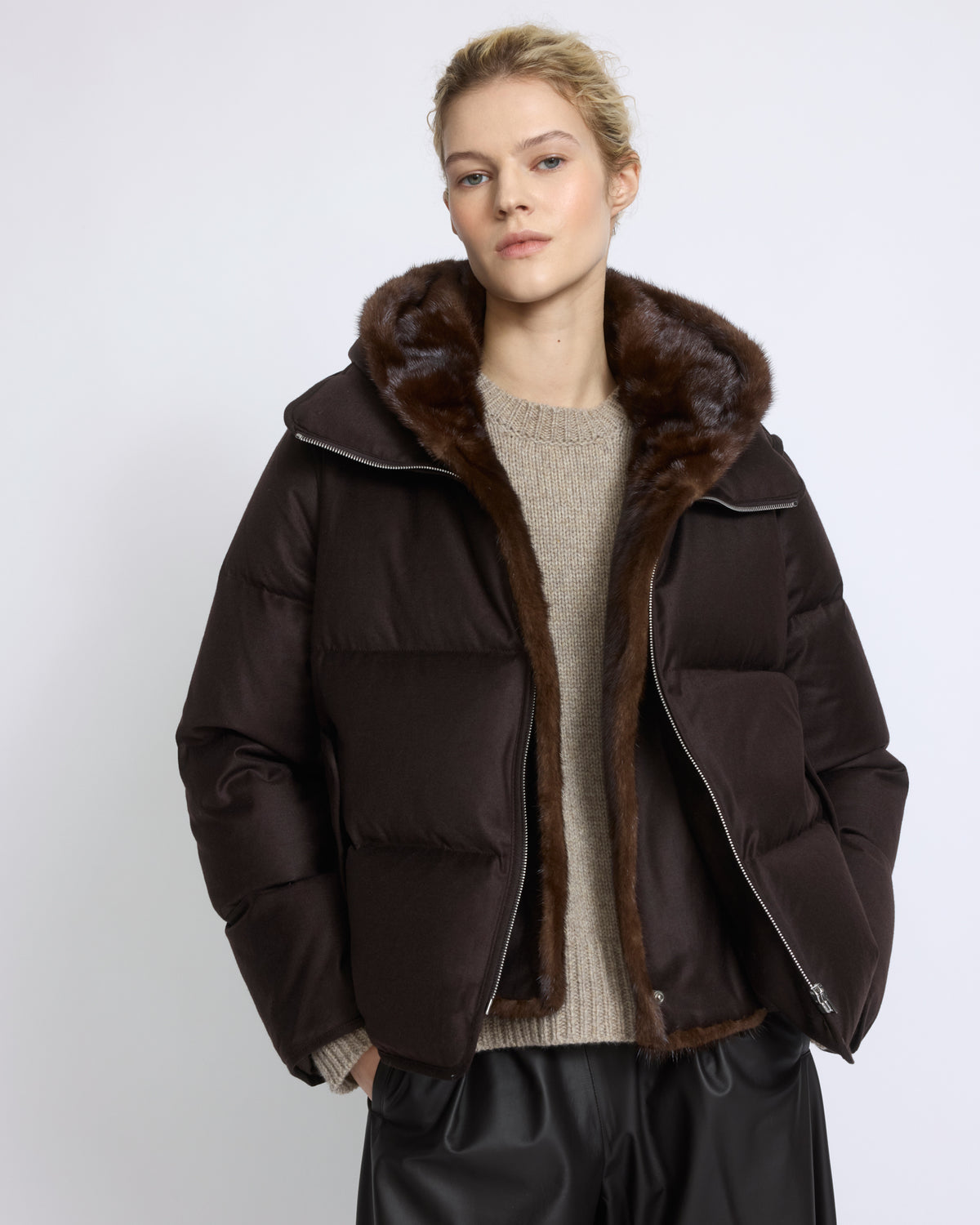 Short down jacket in Loro Piana flannel with detachable mink fur bib - Yves Salomon - New Fall/Winter Collection