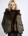 Short down jacket in flannel with detachable mink fur bib