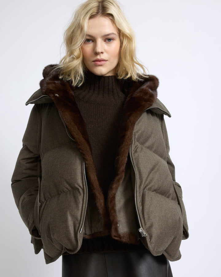 Short down jacket in Loro Piana flannel with detachable mink fur bib - Yves Salomon - New Fall/Winter Collection