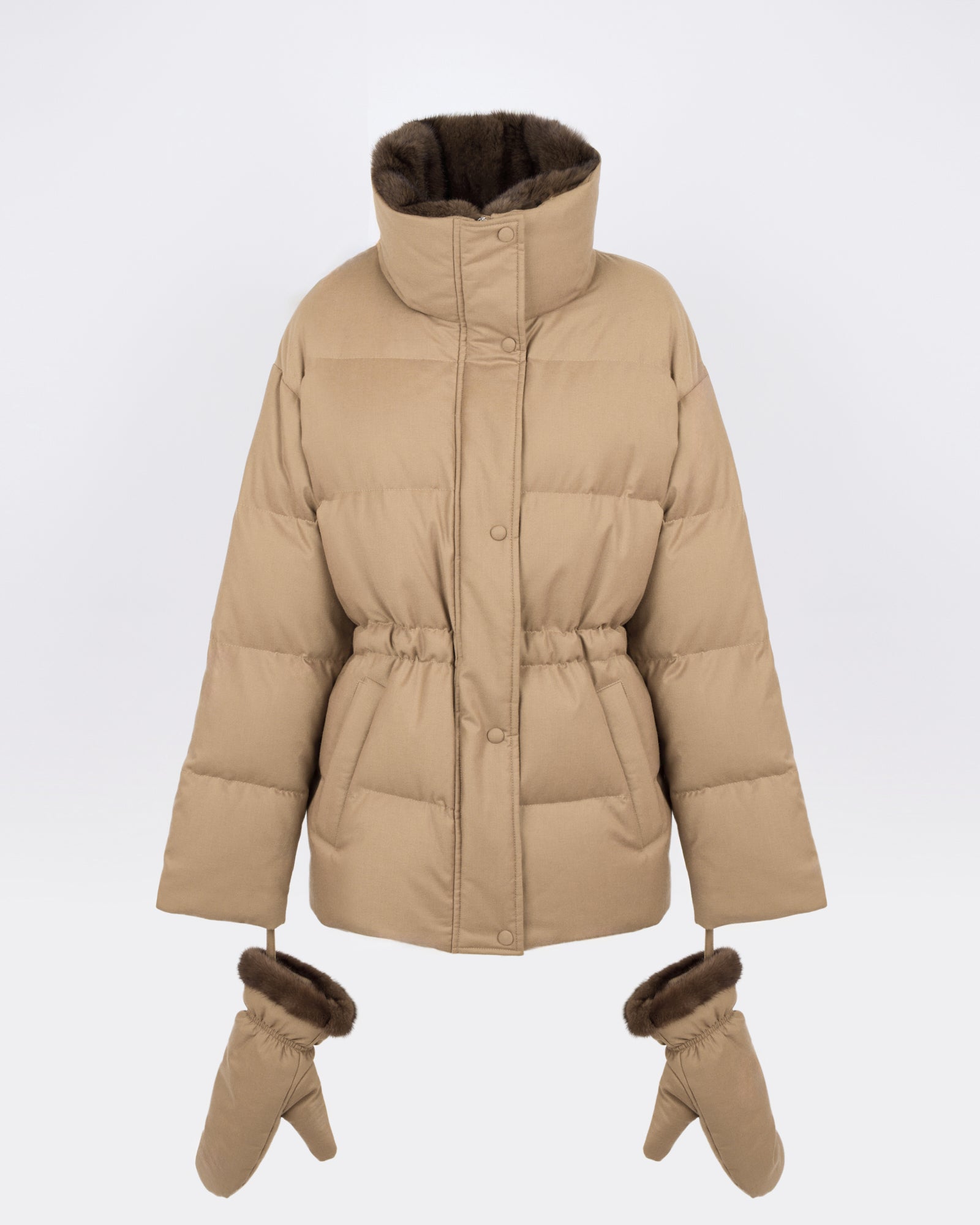 Fitted down jacket in Loro Piana flannel with mink fur collar and mittens - Yves Salomon - New Fall/Winter Collection