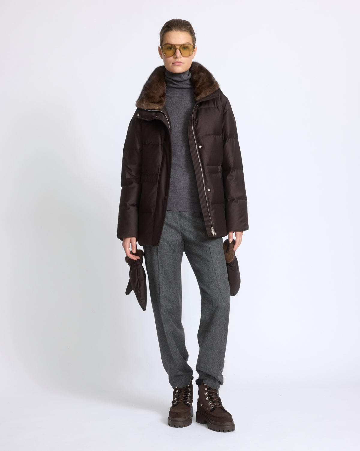 Fitted down jacket in Loro Piana flannel with mink fur collar and mittens - Yves Salomon - New Fall/Winter Collection