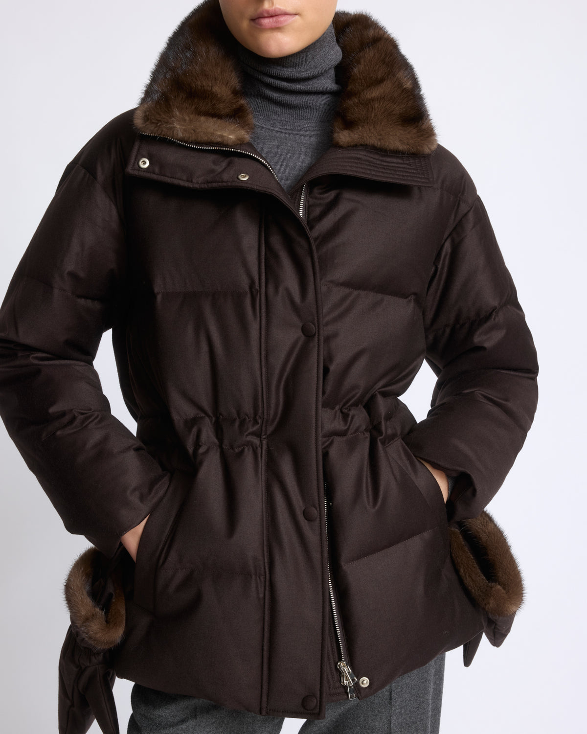 Fitted down jacket in Loro Piana flannel with mink fur collar and mittens - Yves Salomon - New Fall/Winter Collection