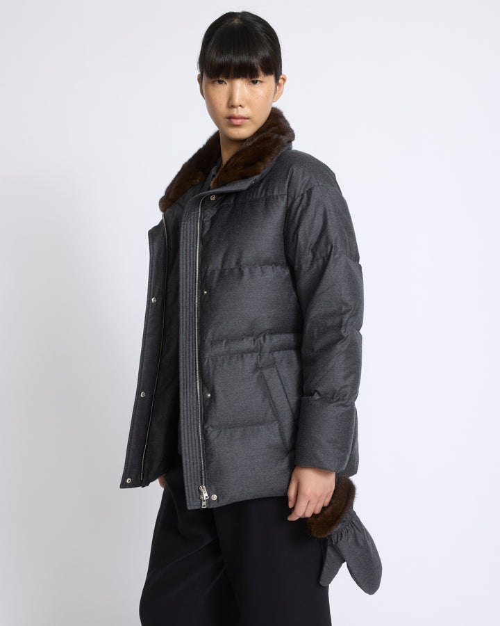 Fitted down jacket in Loro Piana flannel with mink fur collar and mittens - Yves Salomon - New Fall/Winter Collection