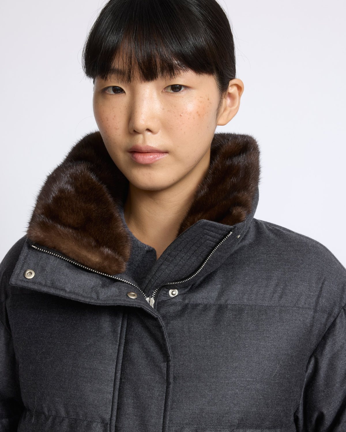Fitted down jacket in Loro Piana flannel with mink fur collar and mittens - Yves Salomon - New Fall/Winter Collection