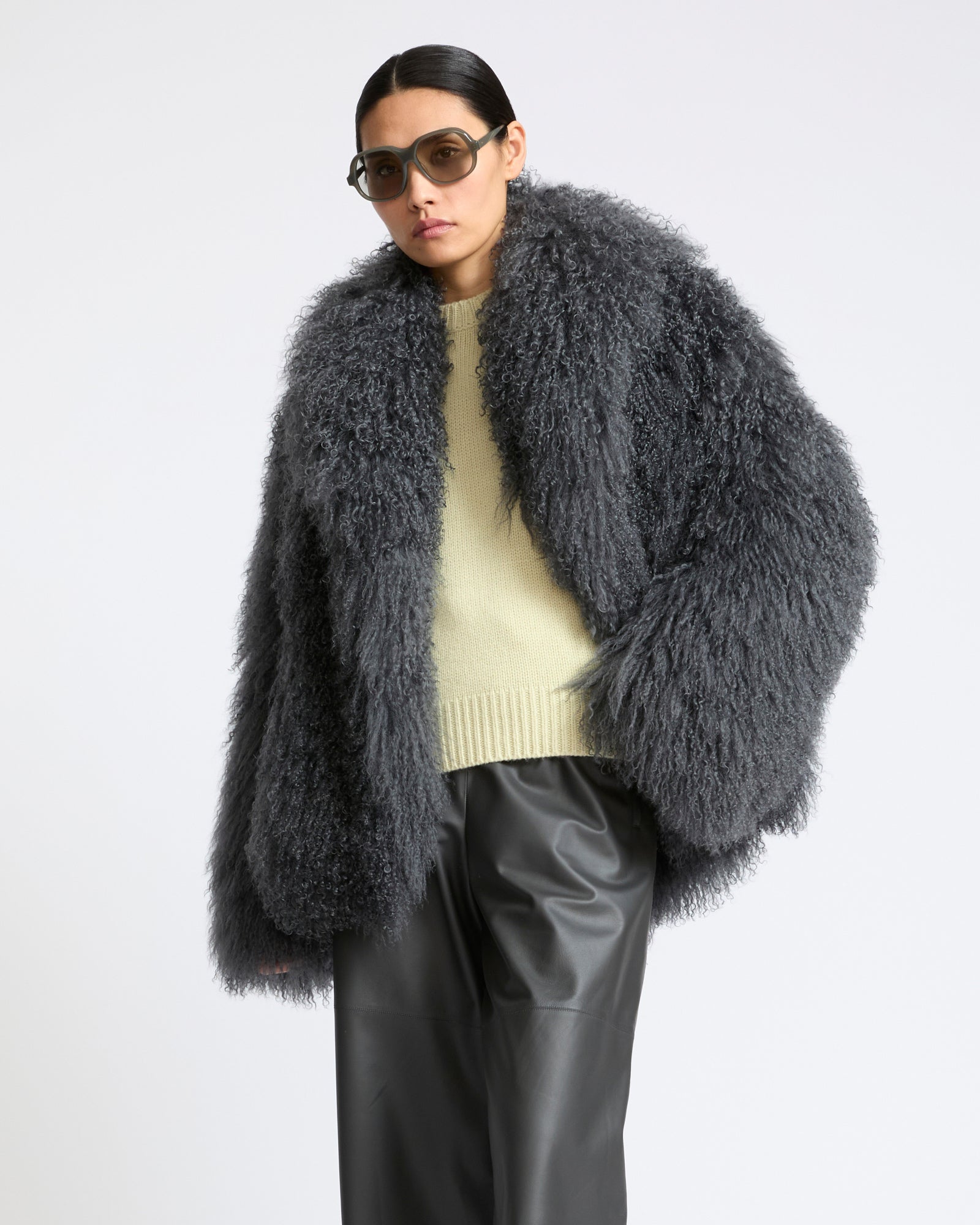 Merino knit jacket with curly long hair lambskin shearling - Yves Salomon - New Fall Winter Collection