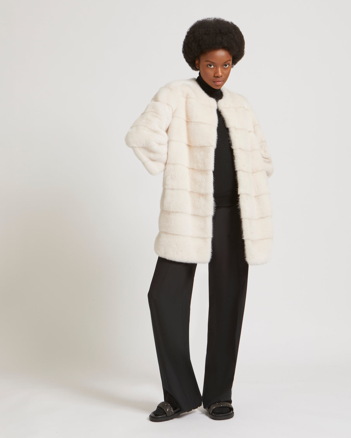 Mink long jacket with stripes -Yves Salomon