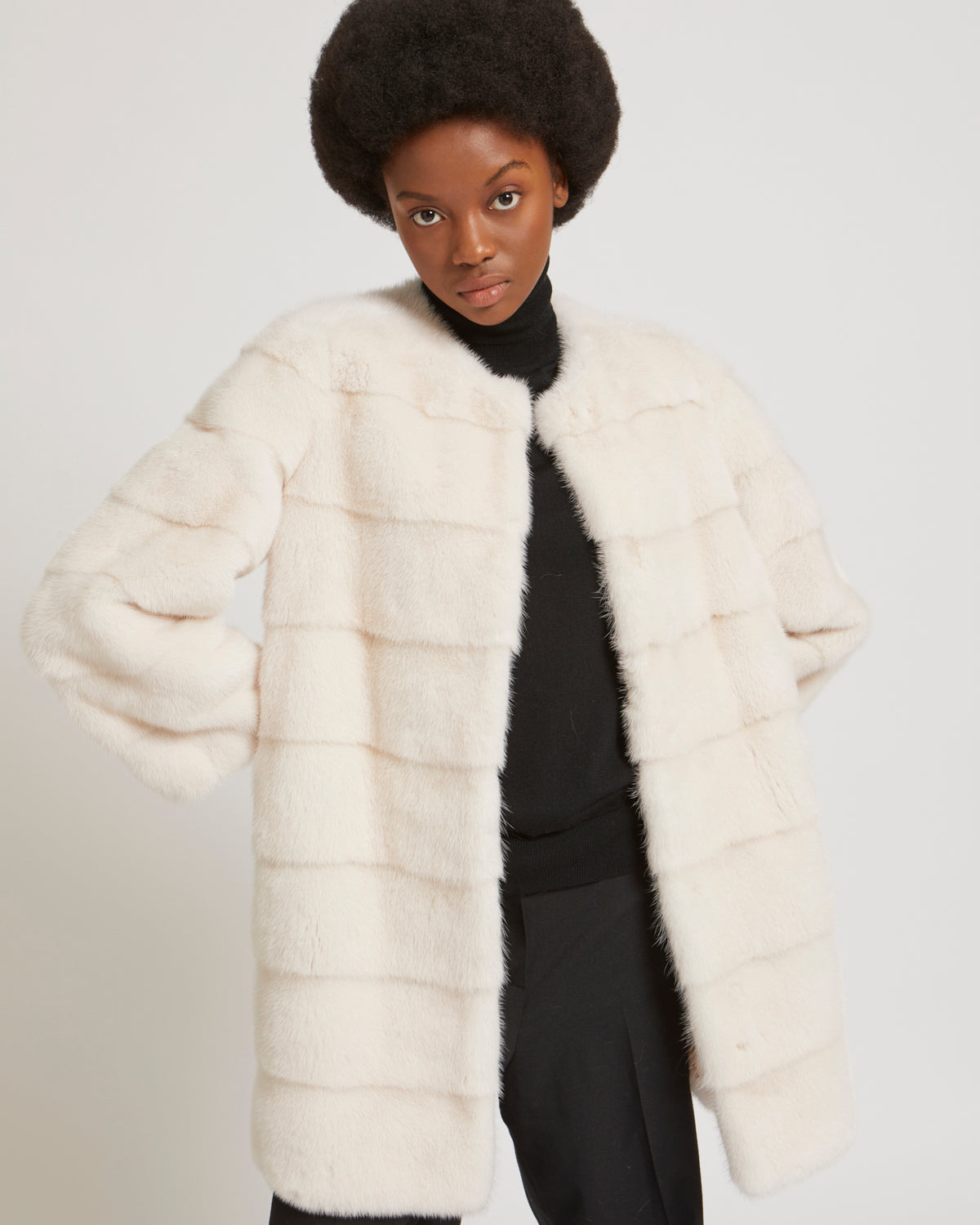 Mink long jacket with stripes -Yves Salomon