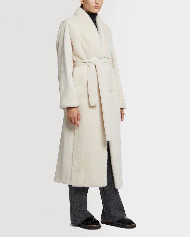 Belted coat in sheared and long-haired mink fur