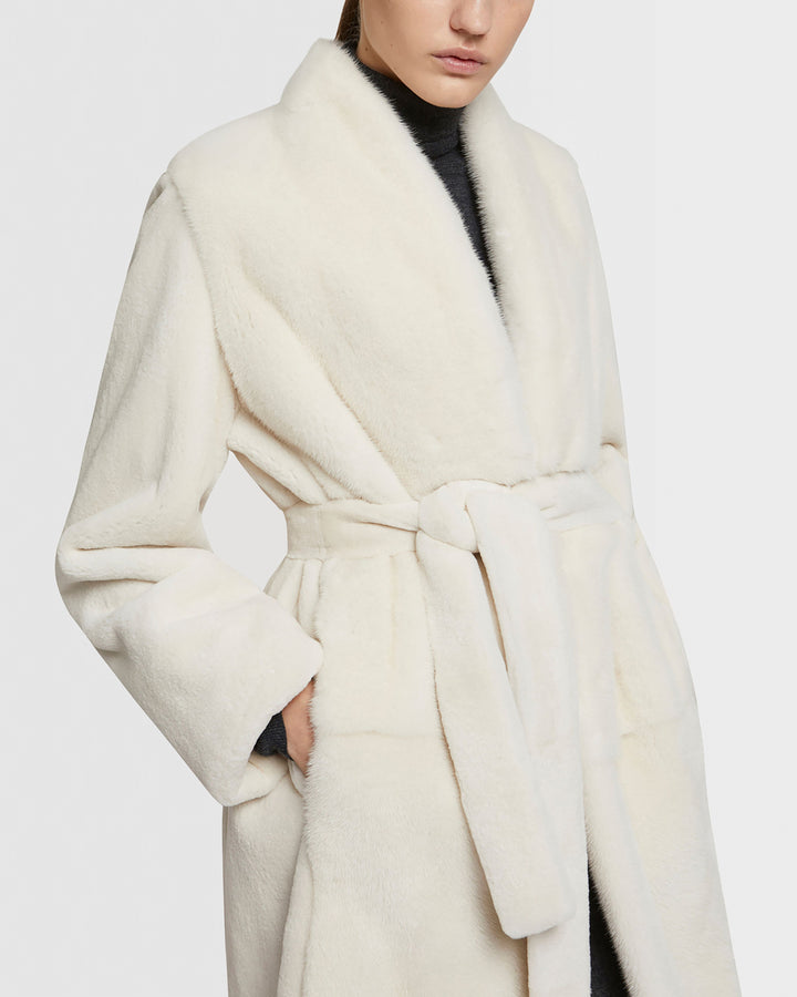 Belted coat in sheared and long-haired mink fur