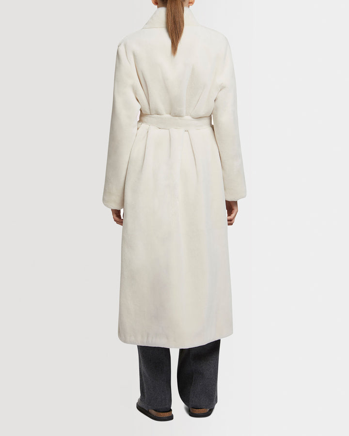 Belted coat in sheared and long-haired mink fur