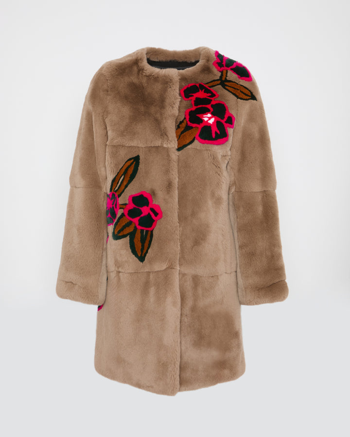 Black Friday 2025- Long Rex rabbit coat with floral motif
