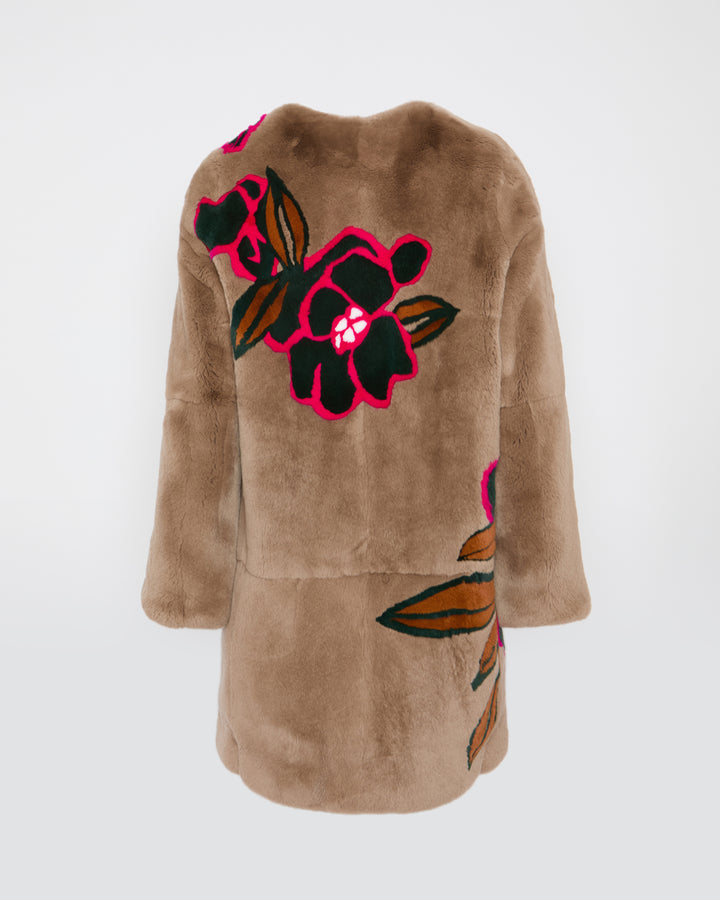 Black Friday 2025- Long Rex rabbit coat with floral motif