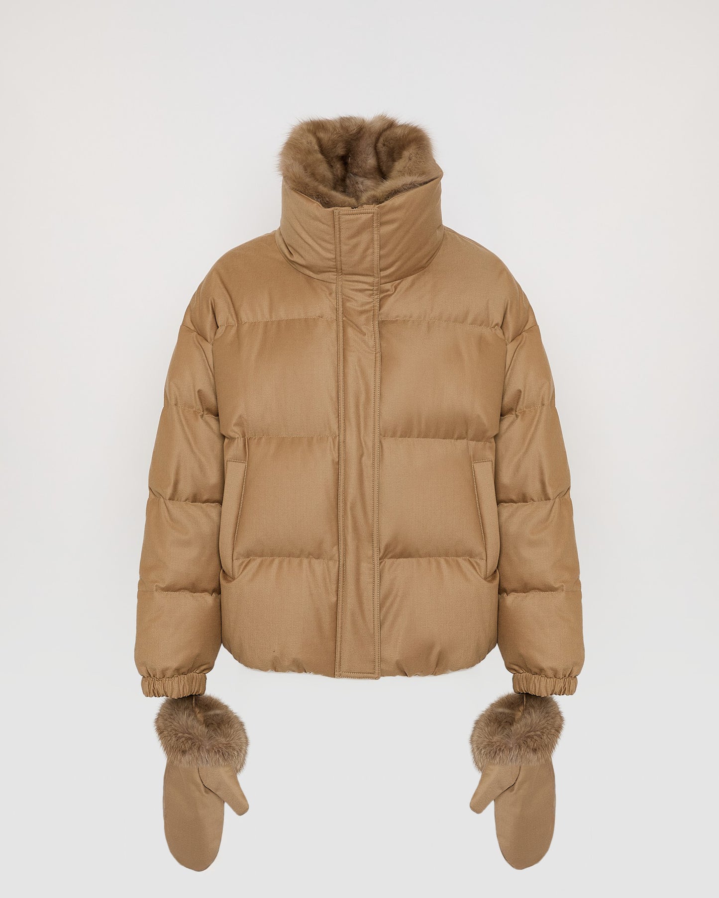 Short down jacket made with Loro Piana flannel and sable fur