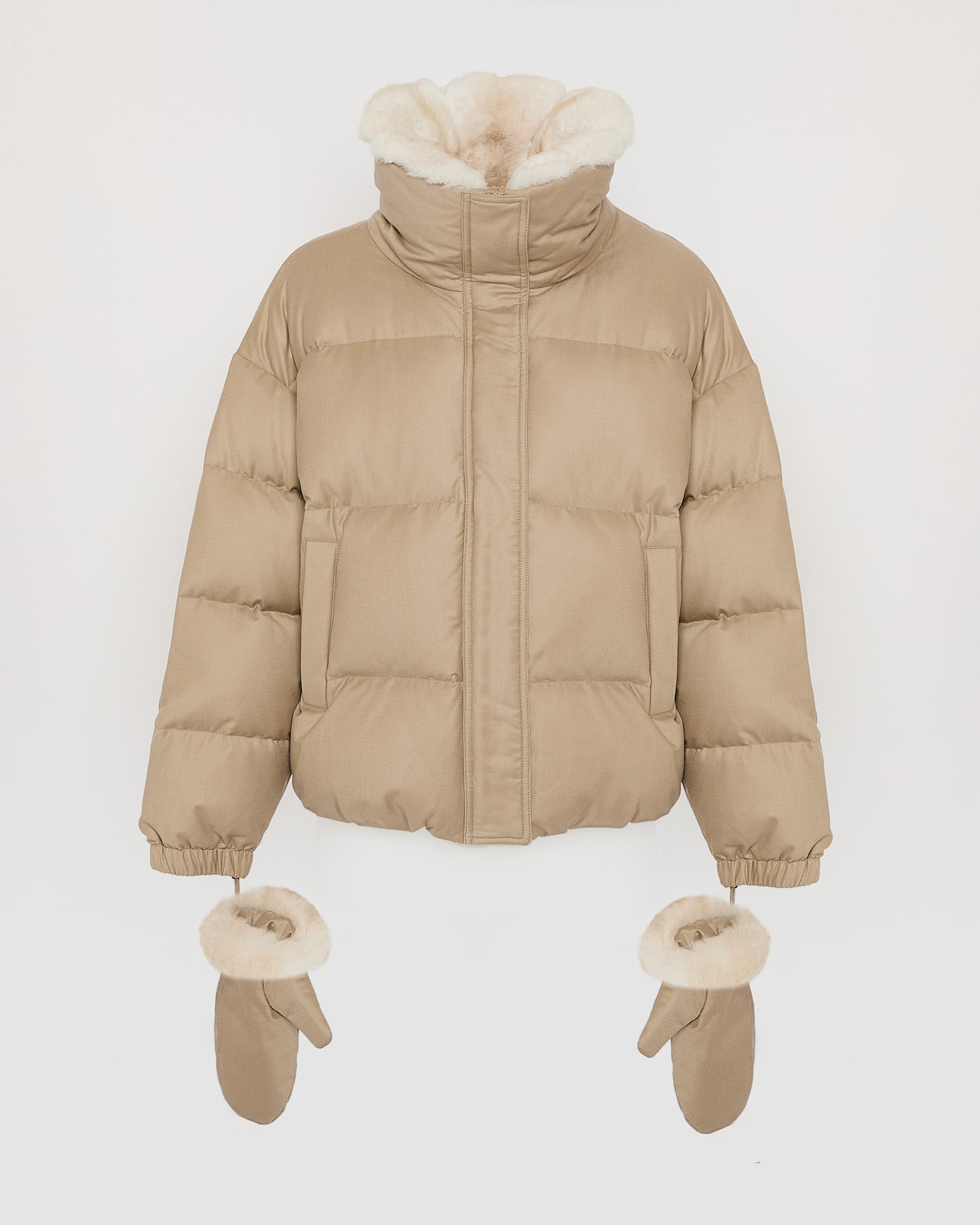 Short down jacket in waterproof flannel fabric with chinchilla fur