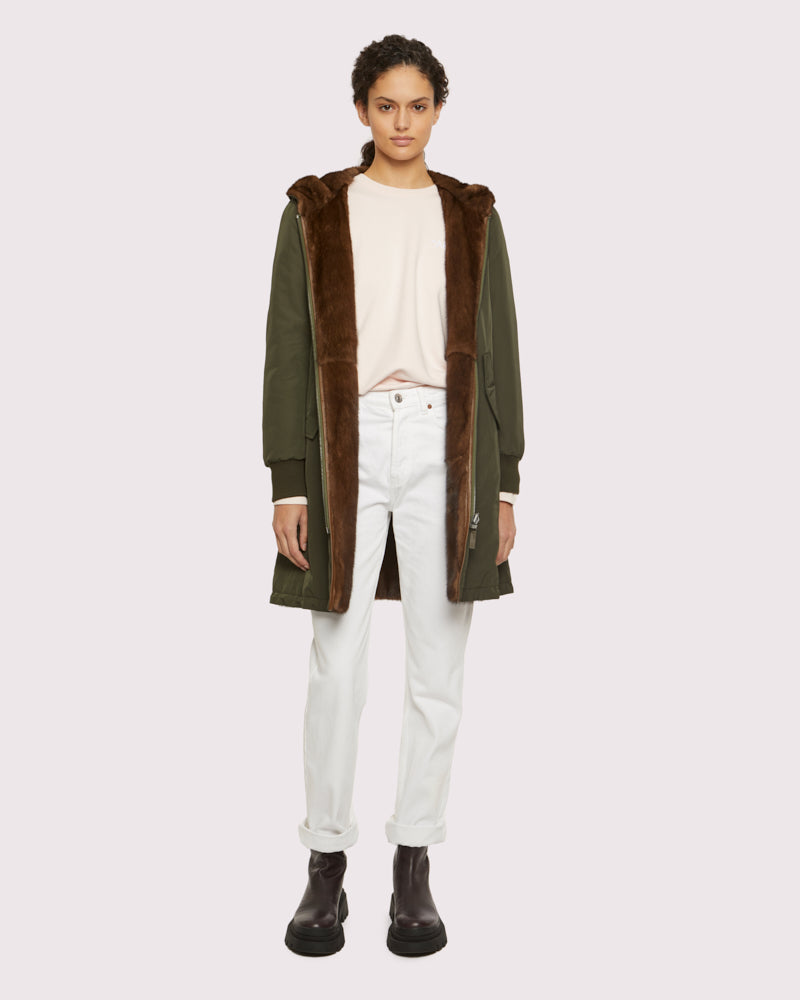 Classic reversible coat in technical fabric and mink - Khaki and mink -Yves Salomon