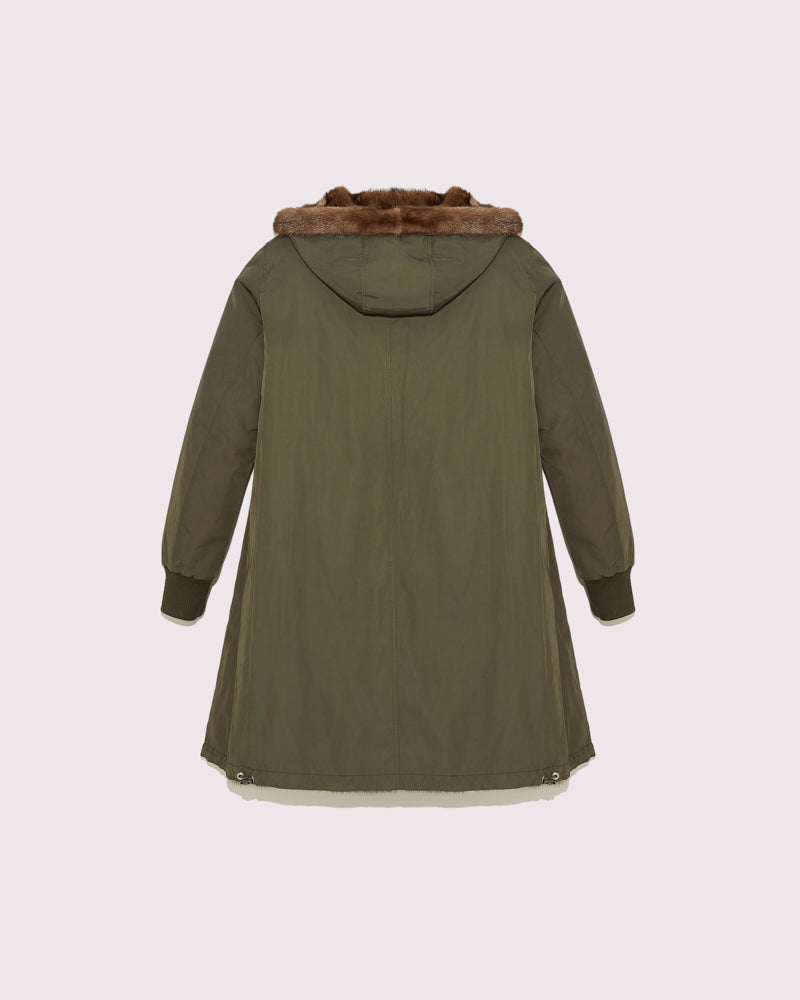 Classic reversible coat in technical fabric and mink - Khaki and mink -Yves Salomon