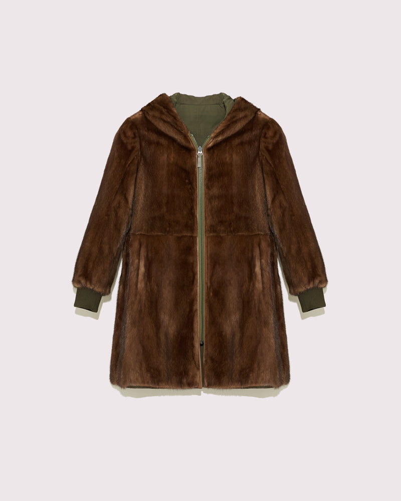 Classic reversible coat in technical fabric and mink - Khaki and mink -Yves Salomon