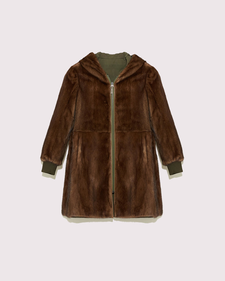 Classic reversible coat in technical fabric and mink - Khaki and mink -Yves Salomon