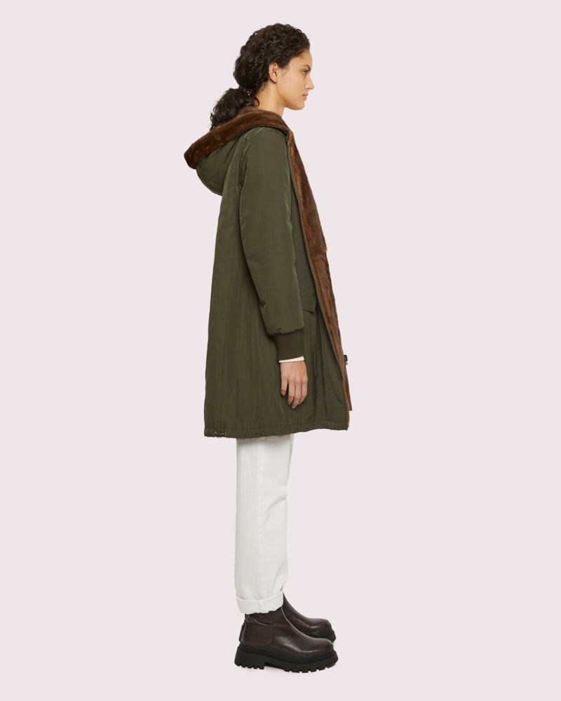 Classic reversible coat in technical fabric and mink - Khaki and mink -Yves Salomon