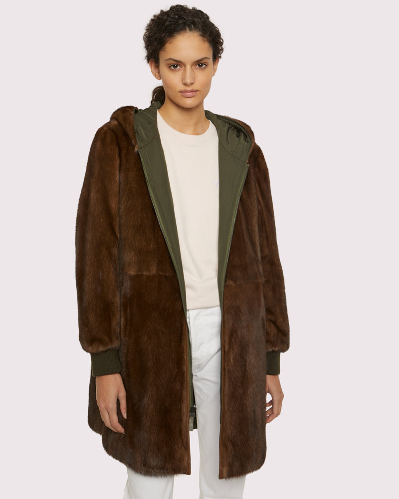 Classic reversible coat in technical fabric and mink - Khaki and mink -Yves Salomon