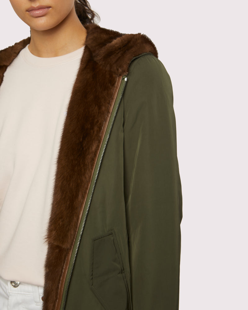 Classic reversible coat in technical fabric and mink - Khaki and mink -Yves Salomon