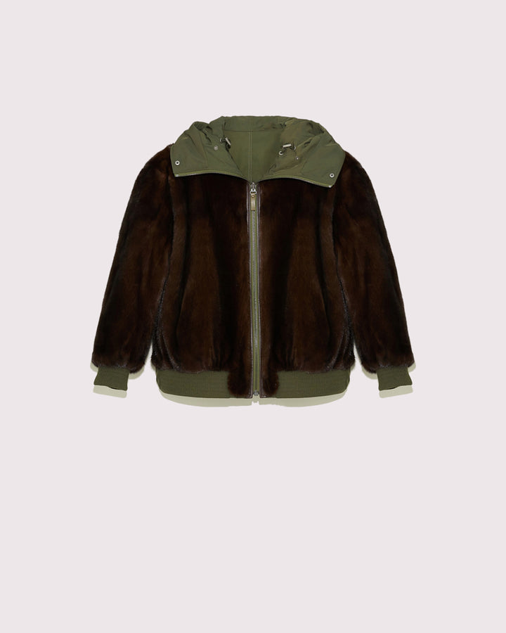 Reversible hooded bomber in technical fabric and mink