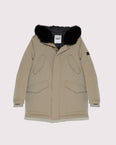 Hooded technical gabardine down jacket with fox fur