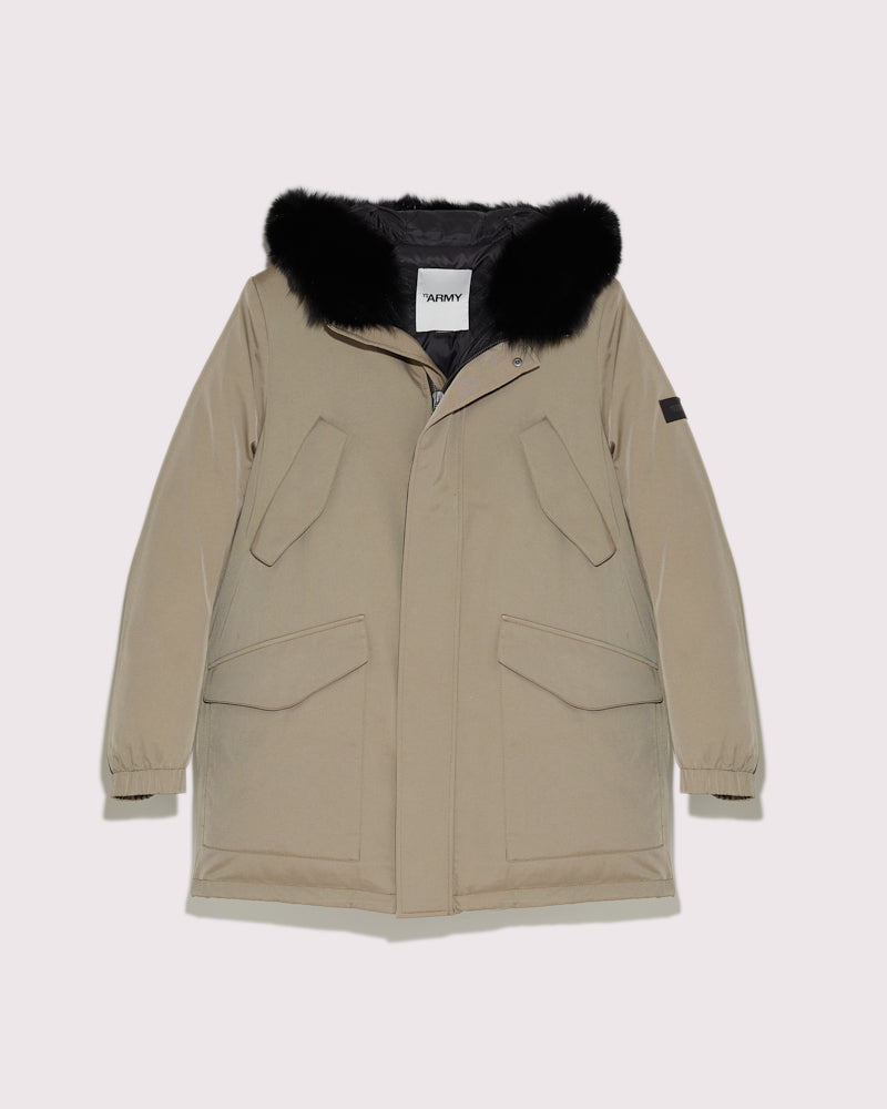 Black Friday 2025- Hooded technical gabardine down jacket with fox fur - beige -Yves Salomon