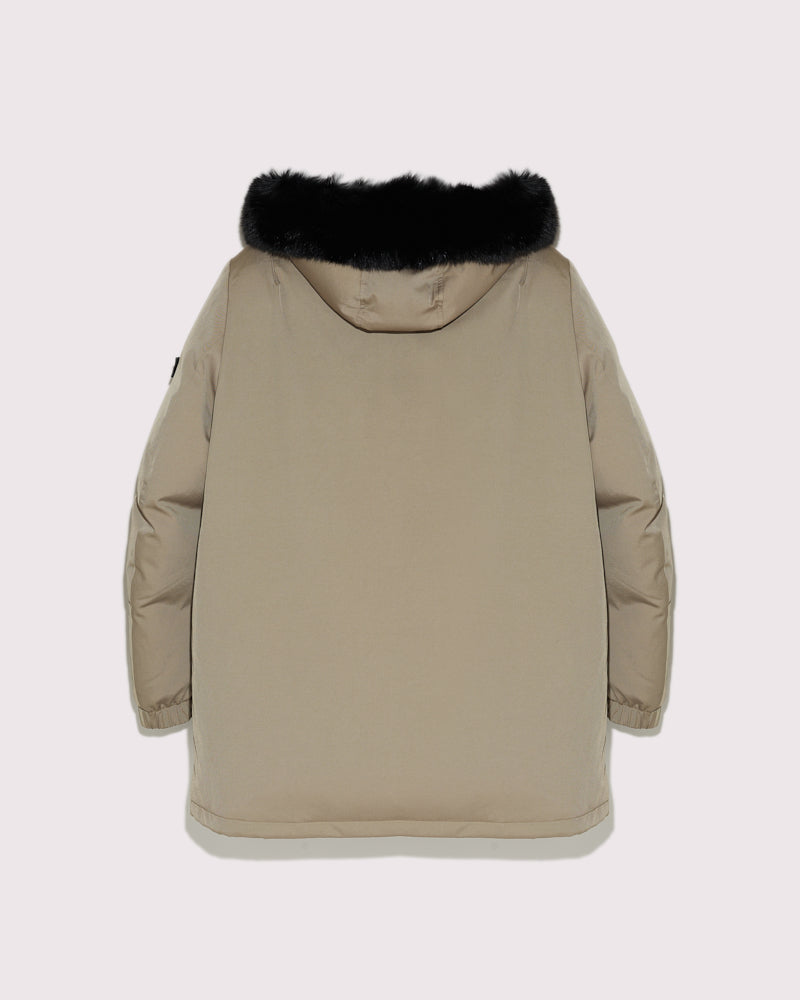 Black Friday 2025- Hooded technical gabardine down jacket with fox fur - beige -Yves Salomon