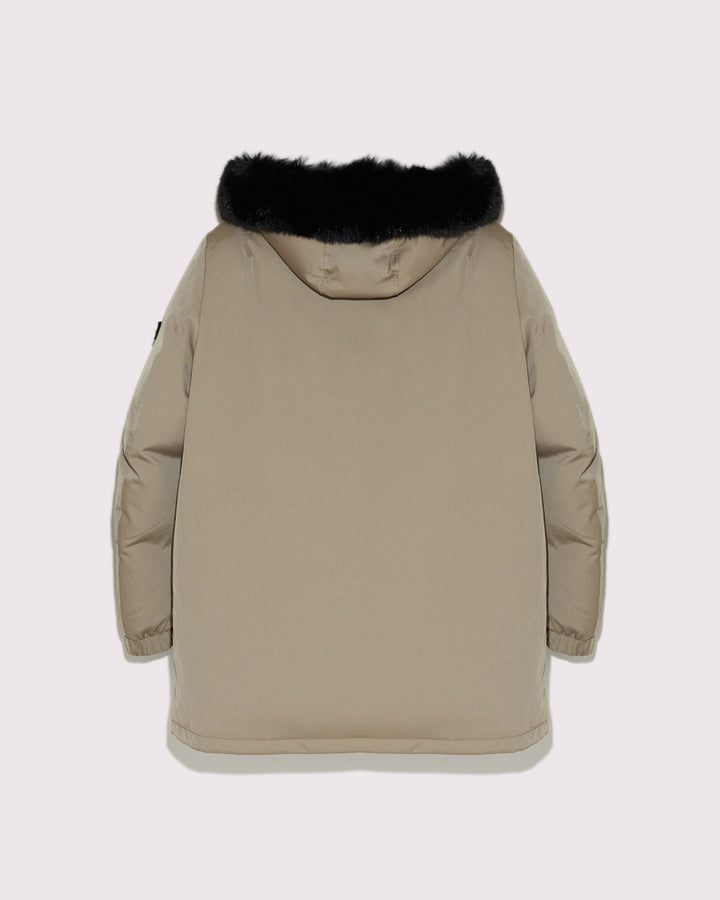 Black Friday 2025- Hooded technical gabardine down jacket with fox fur - beige -Yves Salomon