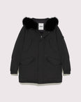 Hooded technical gabardine down jacket with fox fur