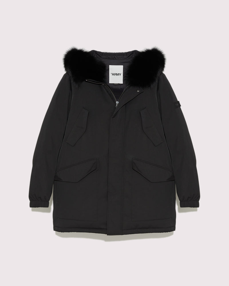 Black Friday 2025- Hooded technical gabardine down jacket with fox fur - black -Yves Salomon
