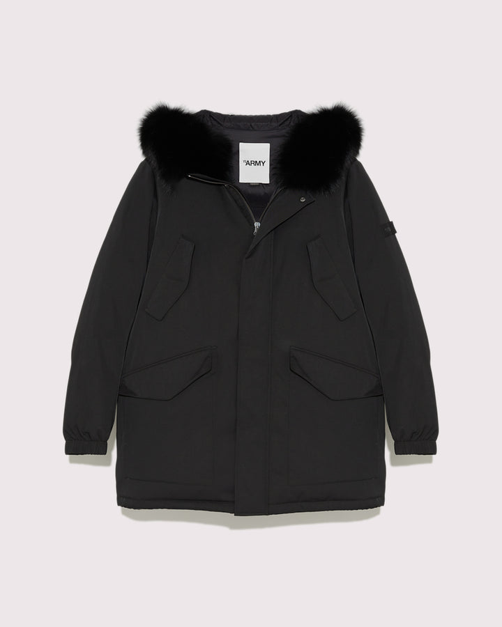 Black Friday 2025- Hooded technical gabardine down jacket with fox fur - black -Yves Salomon